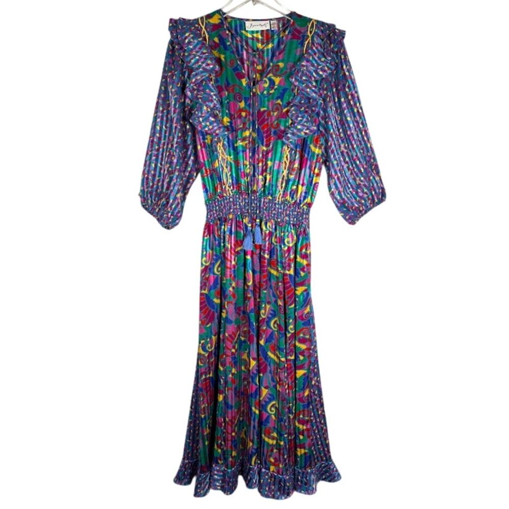 Vintage 80s Jaymee Papell Geometric Maxi Dress M Cinch Waist Ruffle Tassels